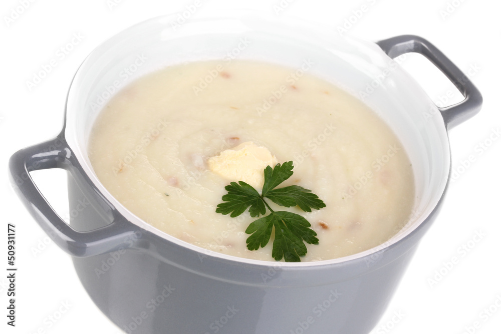 Mashed potatoes in saucepan isolated on white Mashed potatoes in saucepan isolated on white