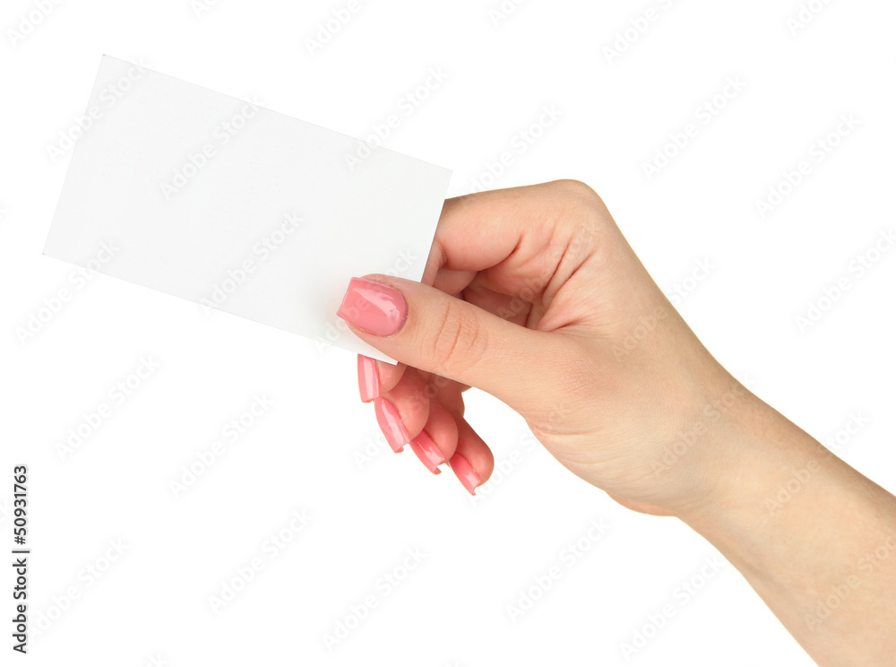 Female hand holding business card, isolated on white Female hand holding business card, isolated on white