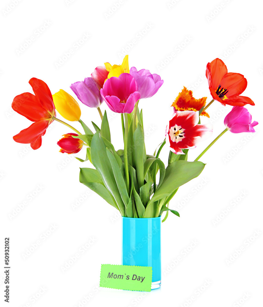 Beautiful tulips in bouquet with note isolated on white Beautiful tulips in bouquet with note isolated on white