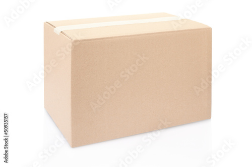 Cardboard box with tape on white, clipping path included
