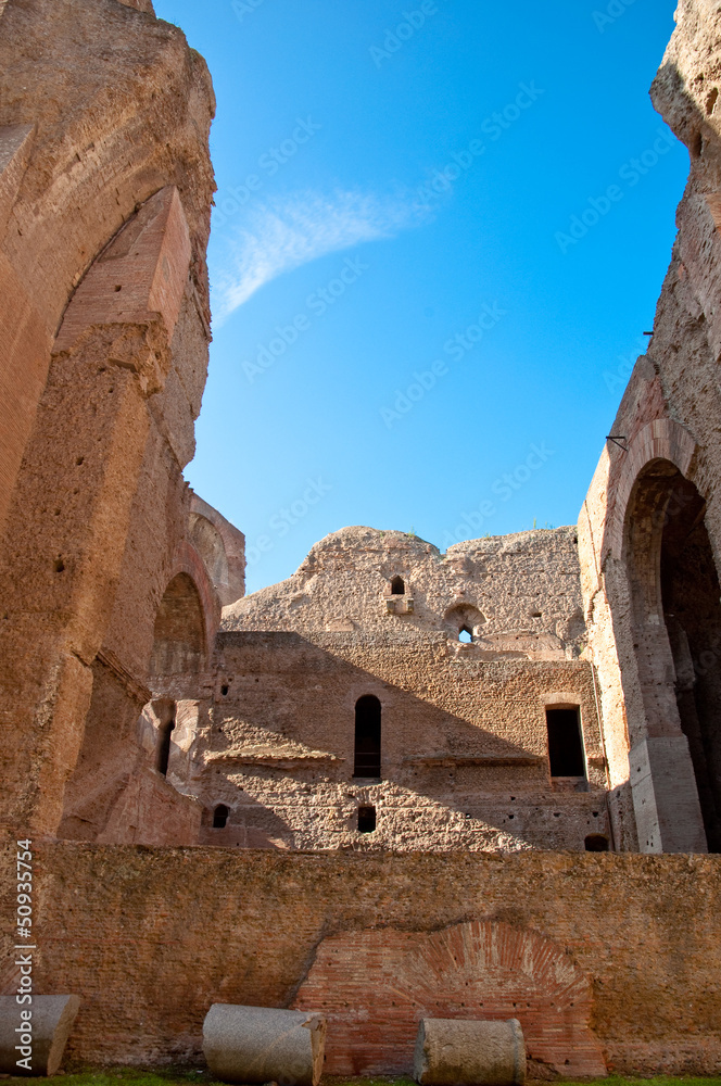Ruins from interior brick walls and columns at Caracalla springs