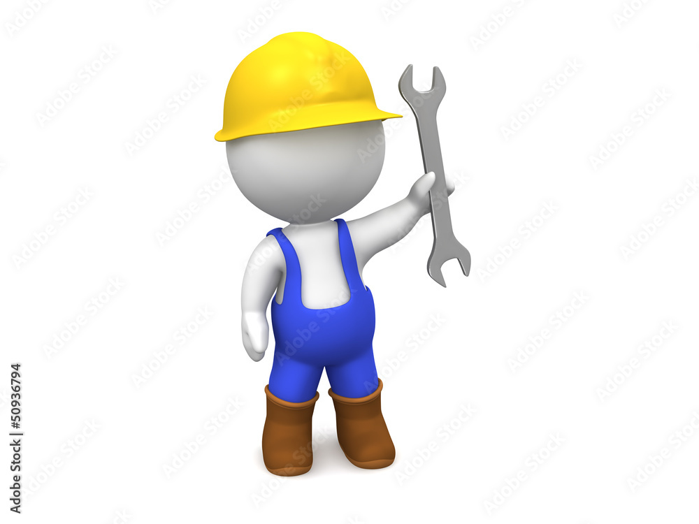 3D Man with Hard Hat, Wrench, and Overalls