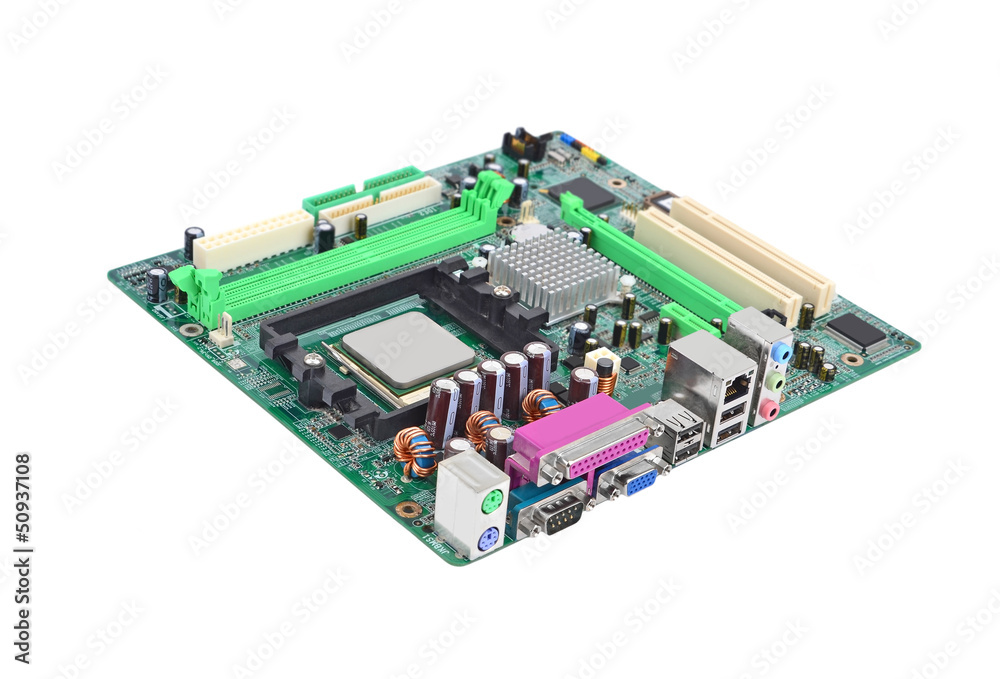 Printed computer motherboard board, isolated on white background Printed computer motherboard board, isolated on white background