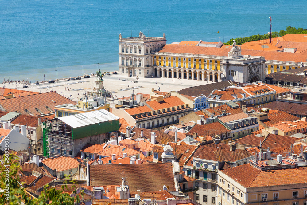 Bird view of Lisboa downtown. Commerce square and Tagus river