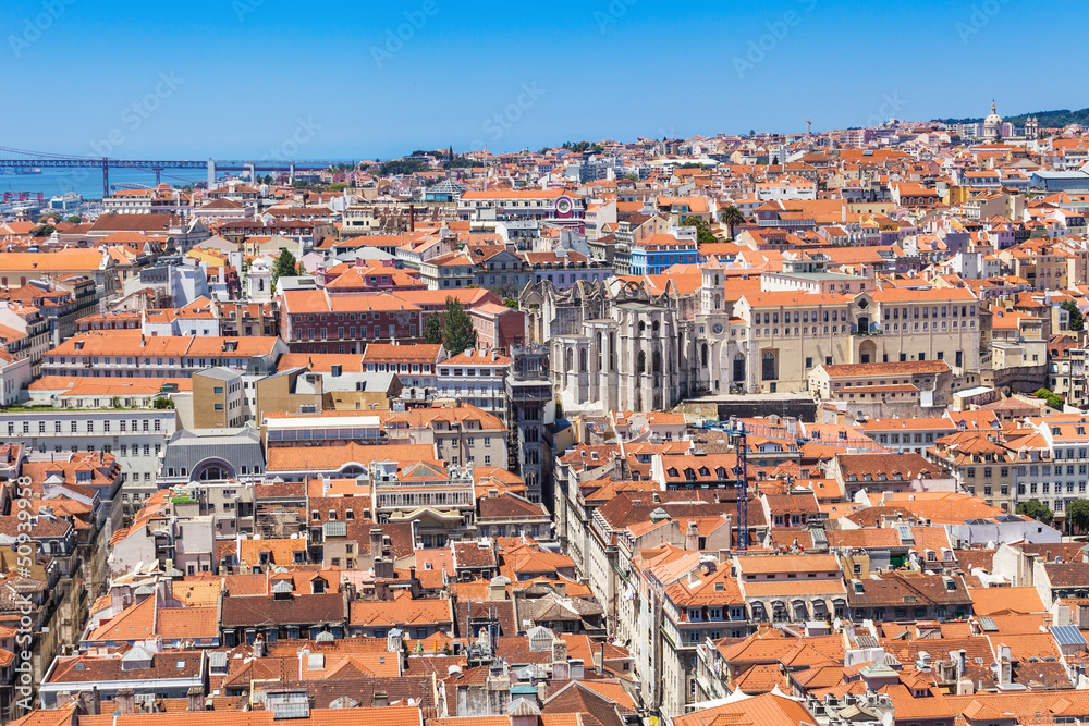 Bird view of Lisboa downtown. Baixa, Rossio and Chiado rooftops