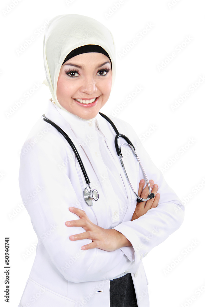 smiling asian medical doctor in scarf smiling asian medical doctor in scarf