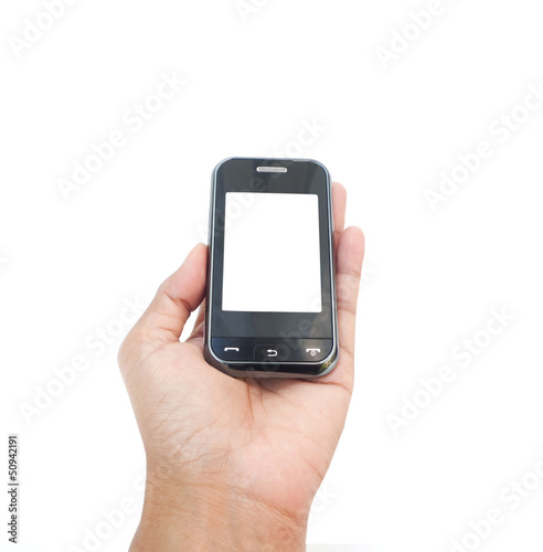Hand holding mobile smart phone with blank screen.