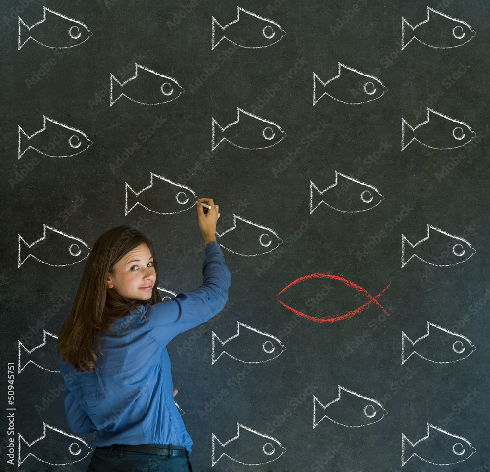 Business woman, student or teacher with chalk fish Christianity