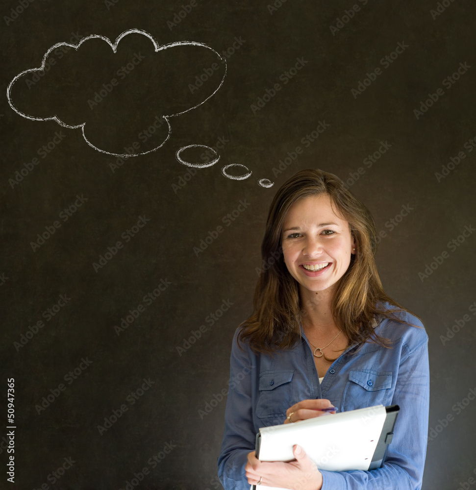 Woman with thought thinking chalk cloud Woman with thought thinking chalk cloud