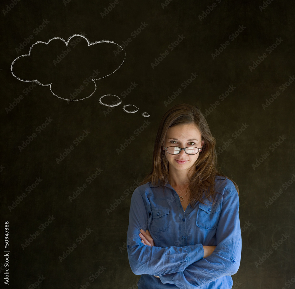 Woman with thought thinking chalk cloud