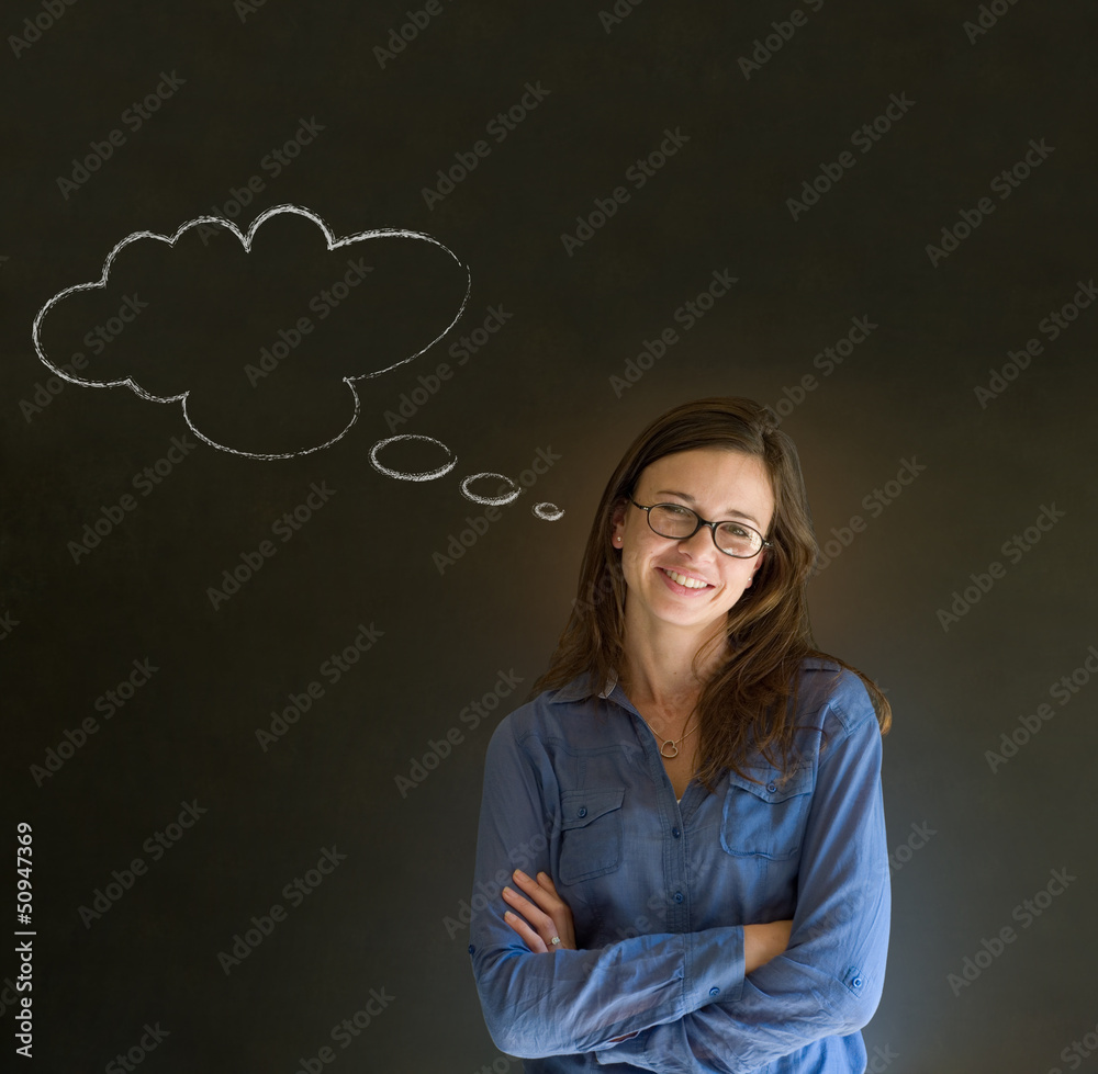 Woman with thought thinking chalk cloud