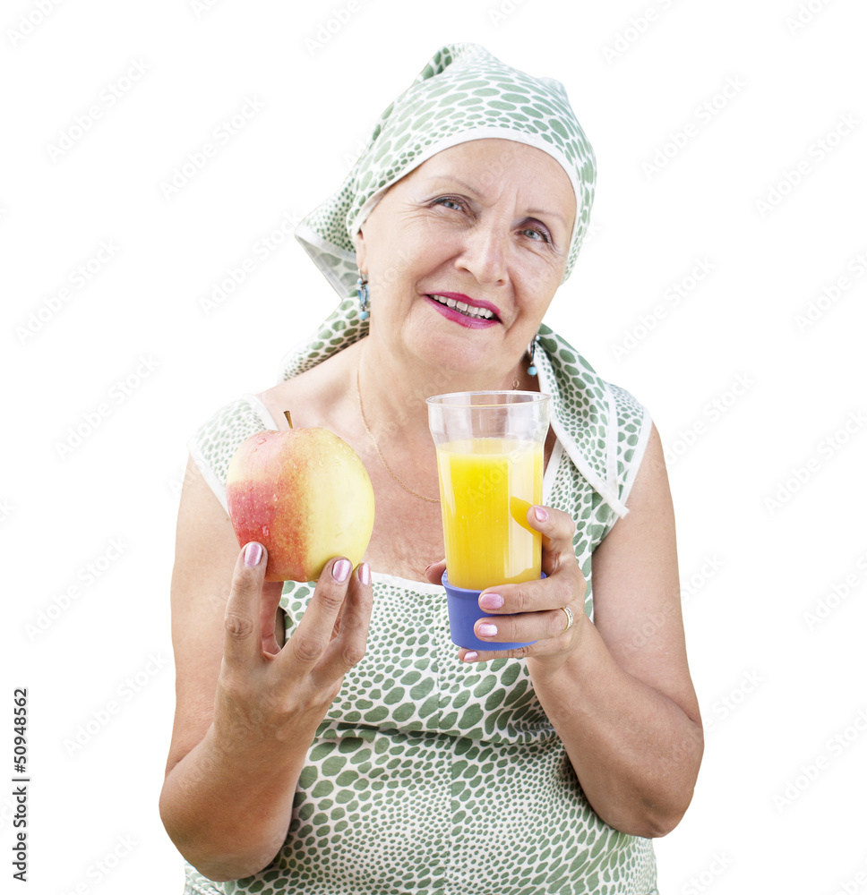 Adult female with fresh ripe apple and orange juice Adult female with fresh ripe apple and orange juice