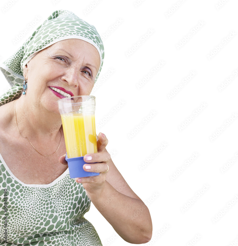 Adult female with glass fresh orange juice on a white background Adult female with glass fresh orange juice on a white background