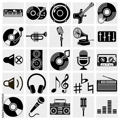 vector black music icons set on gray