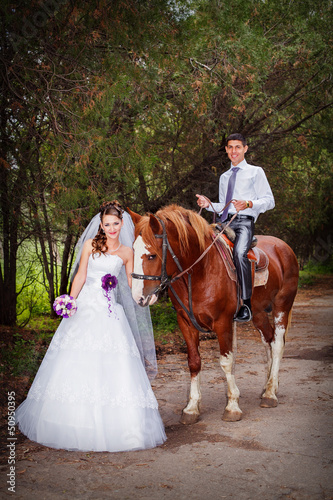 Bride and groom with horses © nazar76