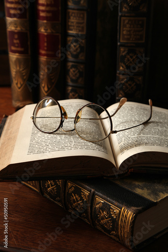 Glasses and antique books