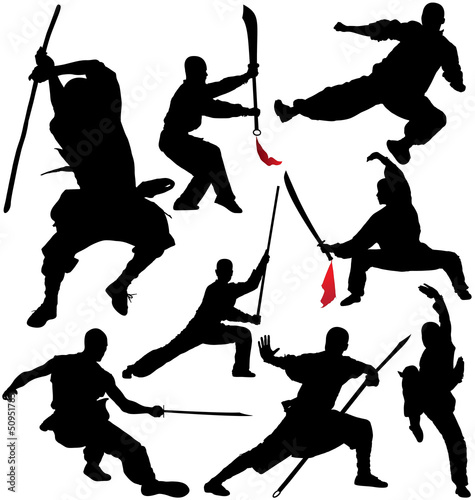 Set of kung fu, shaolin vector silhouettes isolated on white background. Layered and fully editable