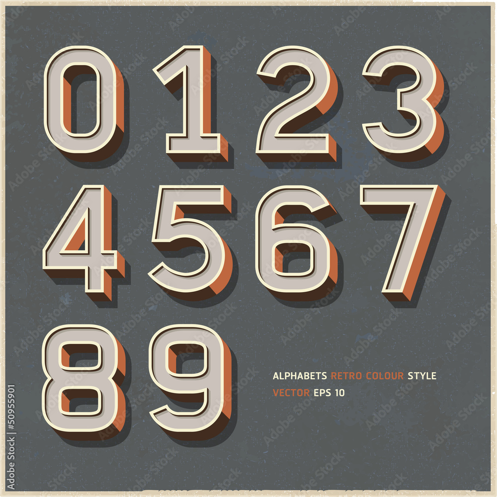 Alphabet numbers retro colour style. Vector illustration.