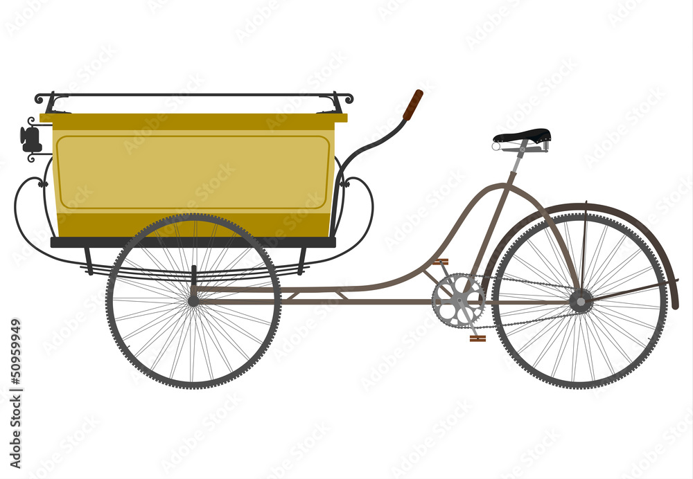 Sylwetka starego użytkowego roweru trójkołowego na białym tle. - obrazy, fototapety, plakaty 