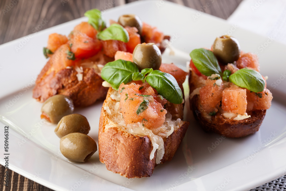 Bruschetta with olive. Selective focus Bruschetta with olive. Selective focus