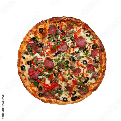 Pizza with ham, sausage, meat, pepper and olives as food backgro