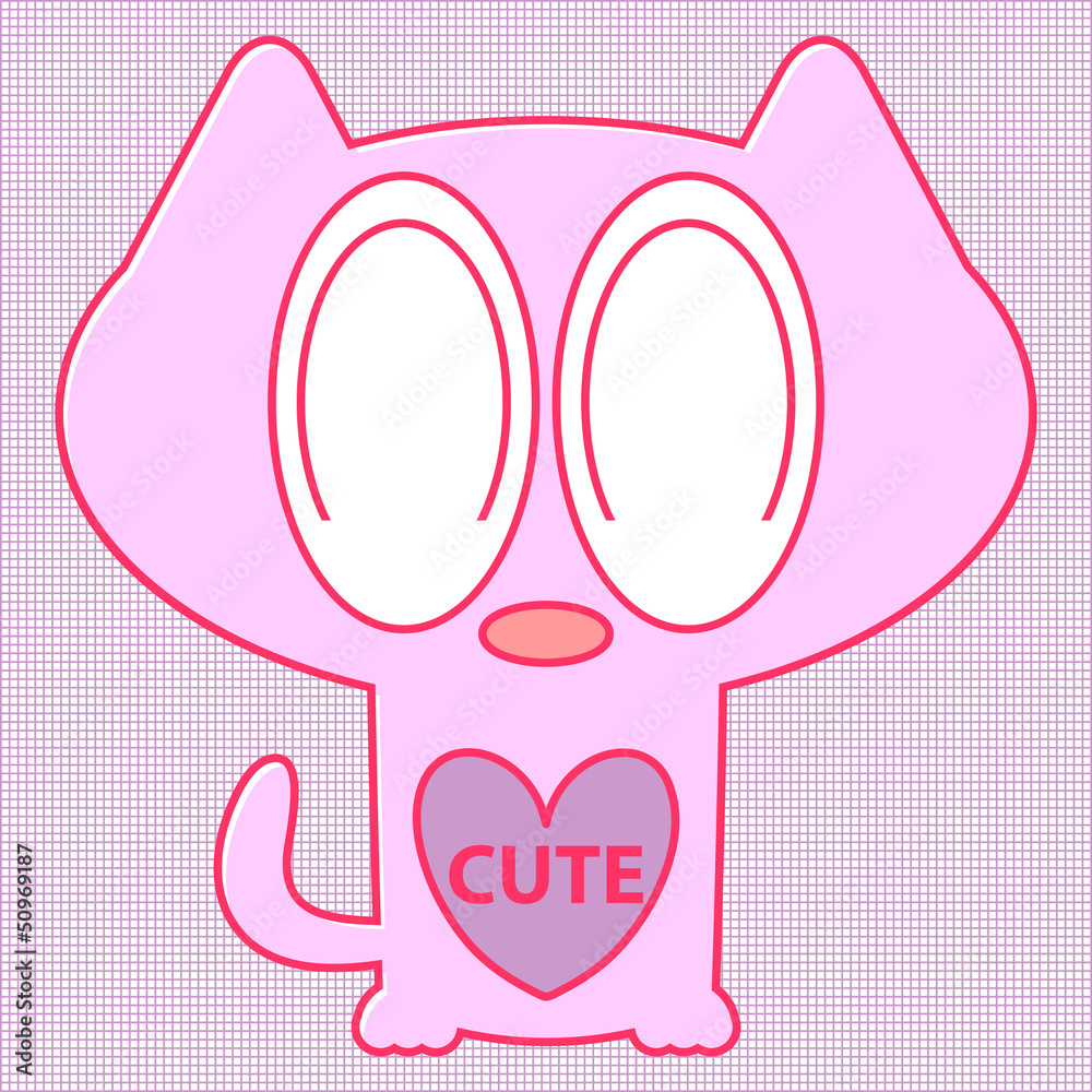 Cute pink kitty in love romantic illustration