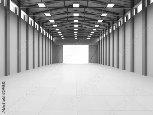 3d Illustration of Modern Storehouse with opened door