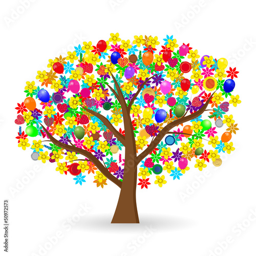 Holiday tree with flowers and balloons