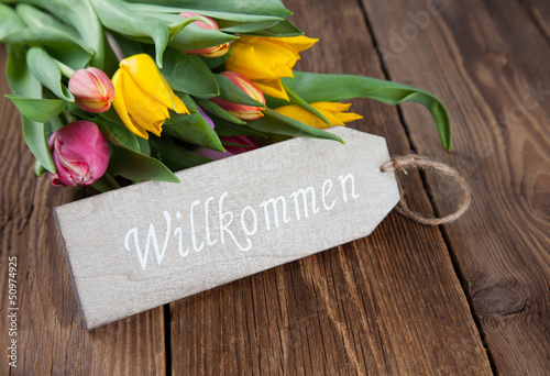 Willkommen-Schild auf Holz mit Blumen I