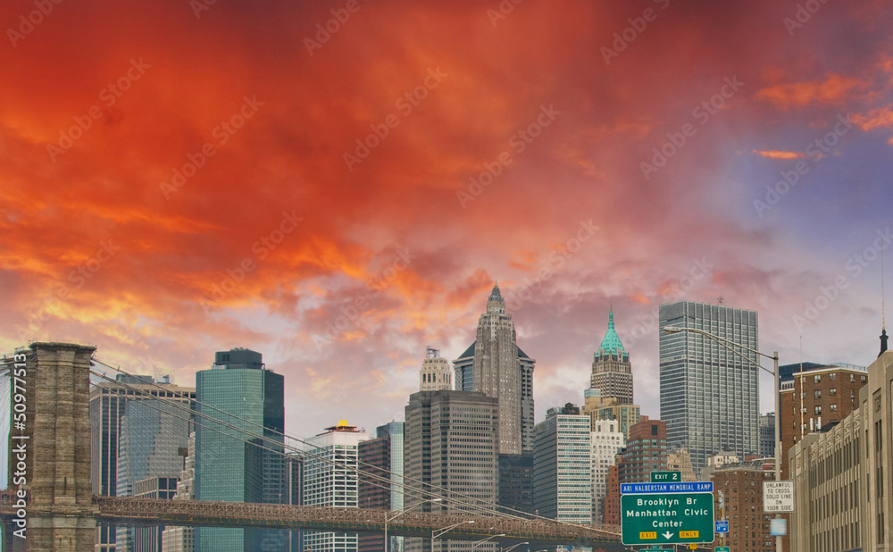Beautiful view of Lower Manhattan Skyline and tall Skyscrapers -