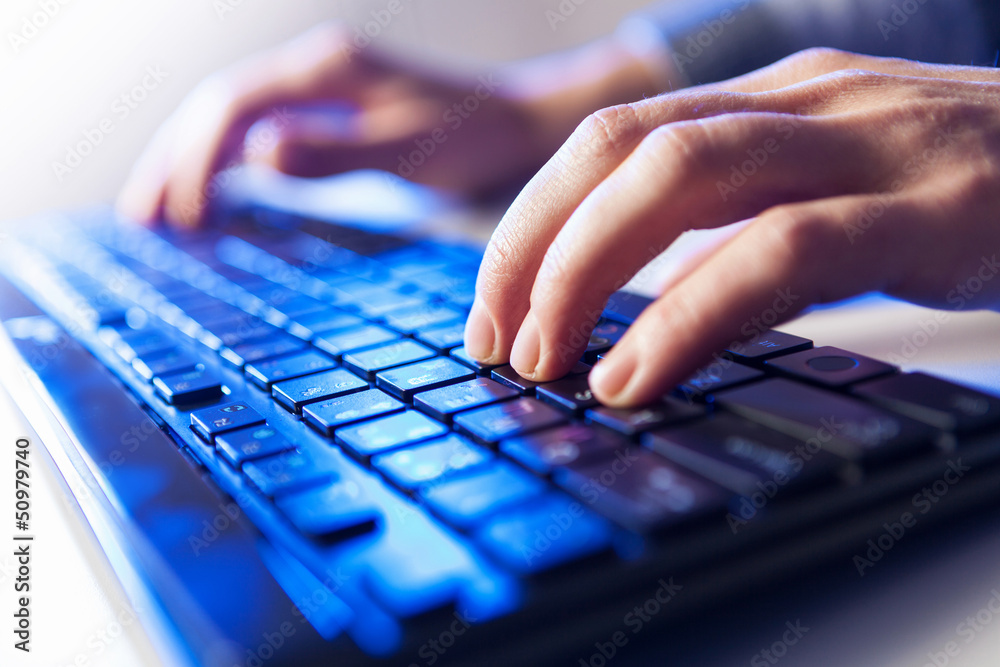 Click! Hands of a man on keyboard Click! Hands of a man on keyboard