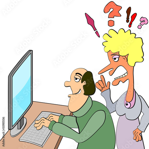 Family scene around computer