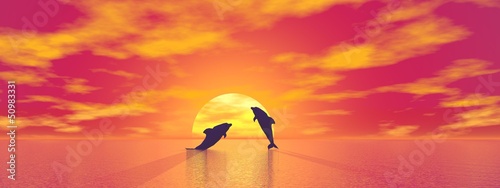 Dolphins by sunset - 3D render
