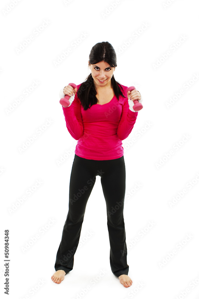 Portrait of happy fitness woman working out with free weights Portrait of happy fitness woman working out with free weights