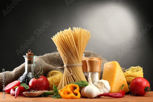 Pasta spaghetti, vegetables and spices,