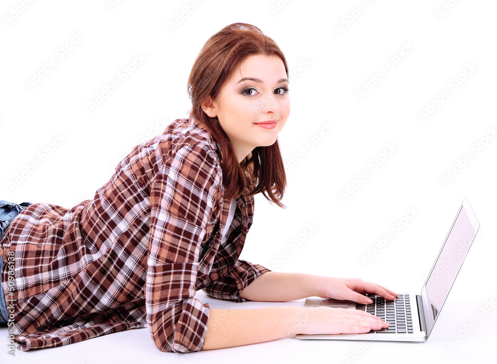 Beautiful young woman with laptop isolated on white Beautiful young woman with laptop isolated on white