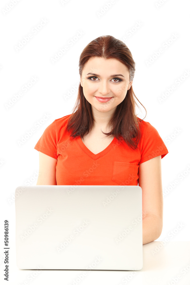 Beautiful young woman with laptop isolated on white Beautiful young woman with laptop isolated on white
