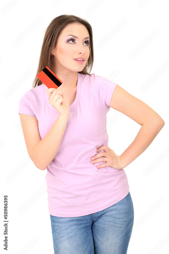 Young girl with credit card isolated on white Young girl with credit card isolated on white