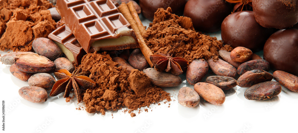 Composition of chocolate sweets, cocoa and spices, isolated Composition of chocolate sweets, cocoa and spices, isolated