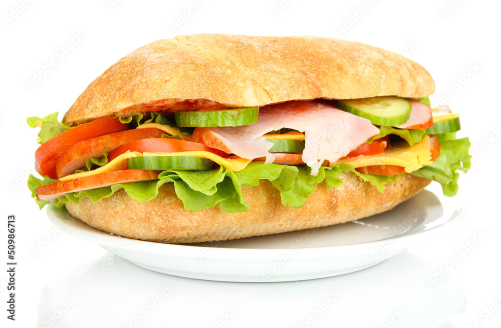 Fresh and tasty sandwich with ham and vegetables isolated