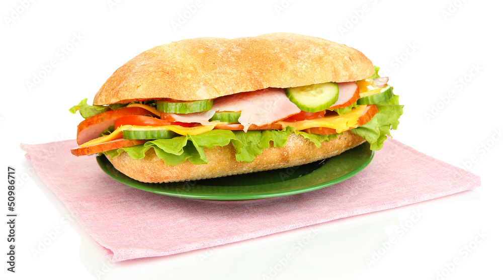 Fresh and tasty sandwich with ham and vegetables isolated Fresh and tasty sandwich with ham and vegetables isolated