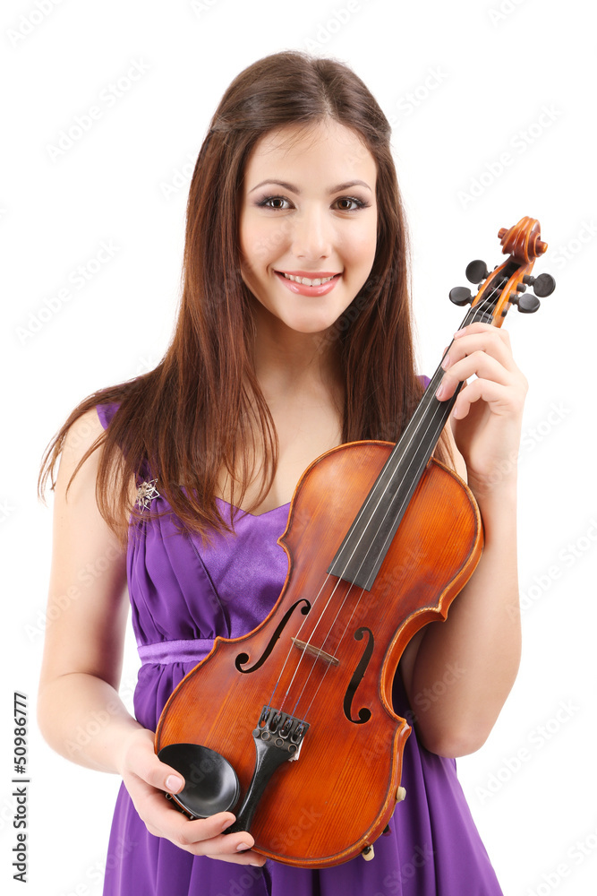 Beautiful young girl with violin, isolated on white Beautiful young girl with violin, isolated on white