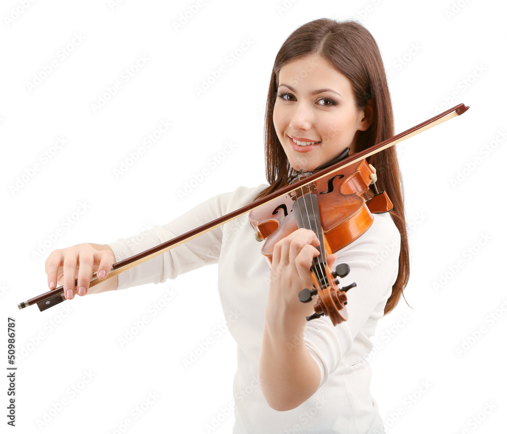 Beautiful young girl with violin, isolated on white Beautiful young girl with violin, isolated on white