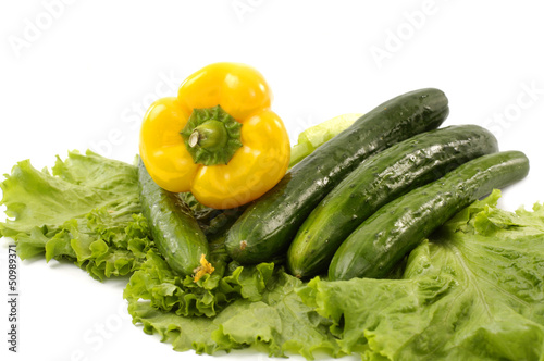 Fresh vegetables- green cucumber and yellow paprika on green lettuce