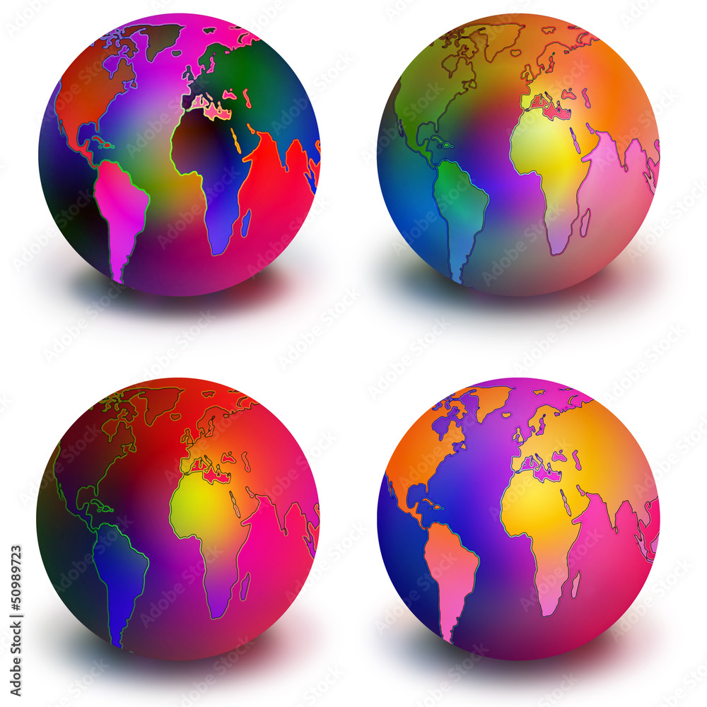 Four colorful globes