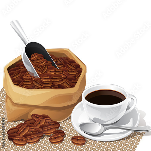 Background with cup and bag of coffee beans.