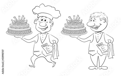 Cook and waiter with holiday cakes, outline