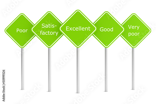 Group of green rectangle road signes with text marks