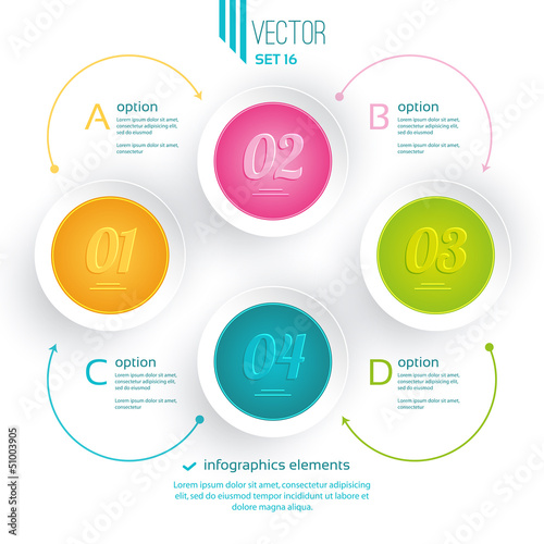 Four colorful icons with text for infographic, white background