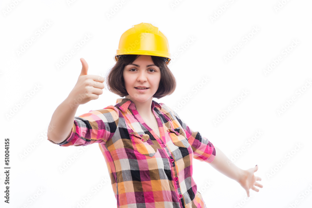 young girl in a helmet builder
